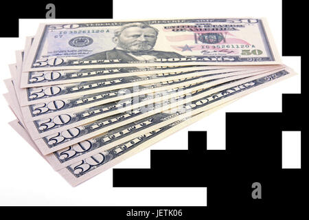 Several 50 dollar notes, fields, fanned out, Mehrere 50 Dollarscheine , Fächer, aufgefächert
