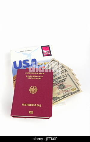 Guide the USA, southwest, passport the Federal Republic of Germany, several 50 dollar notes, symbolic picture travelling planning the USA, Reiseführer Stock Photo