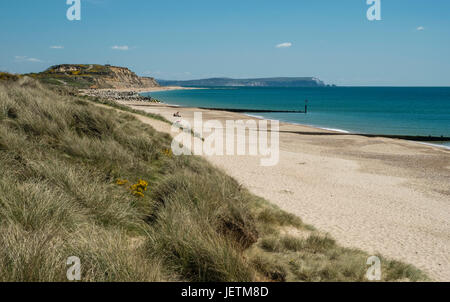 Hengistbury Head and Beach with the Isle of Wight “Needles” in the background, Poole Bay, near Christchurch and Bournemouth, Dorset, England, UK. Stock Photo