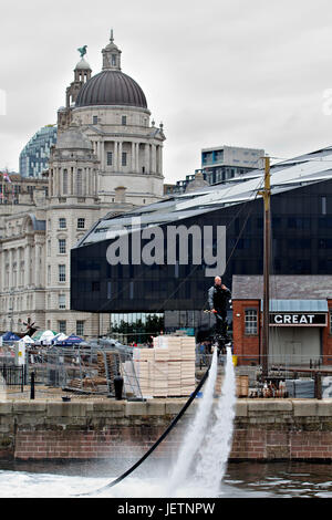 Jet Pack Man Jay St John a local man from Wirral entertains the crowds at the Mersey River Festival Stock Photo