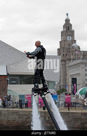 Jet Pack Man Jay St John a local man from Wirral entertains the crowds at the Mersey River Festival Stock Photo