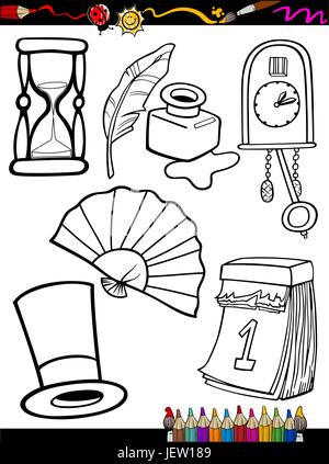 hat, feather, sand glass, sandglass, hourglass, cartoon, ink, clock, cuckoo Stock Vector