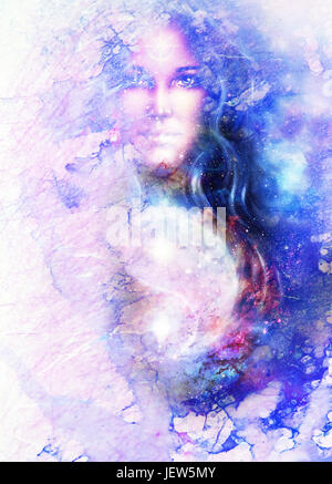 goddess woman and symbol Yin Yang in cosmic space. Marble structure. Stock Photo