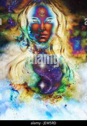 goddess woman and symbol Yin Yang in cosmic space. Stock Photo