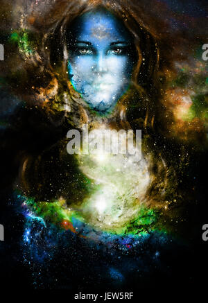 goddess woman and symbol Yin Yang in cosmic space. Stock Photo