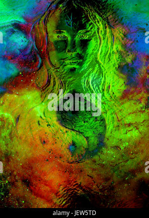 goddess woman and symbol Yin Yang in cosmic space. Glass effect. Stock Photo