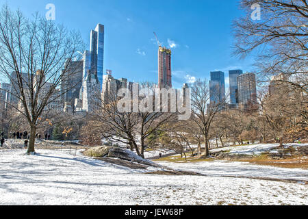 Central Park and Skyline in Winter with Ice Rink and Snow