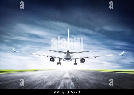 Passenger airplane taking off on runway. Aircraft, airline transportation industry. 3D illustration Stock Photo