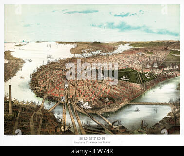 Old aerial view of Boston, Massachusetts. By John Bachmann. Publ. L. Prang & Co., Boston, 1877 Stock Photo