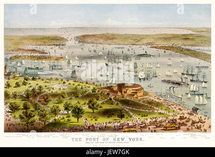 Old bird-eye view of the port of New York from the battery. By Parsons and Atwater, publ. Currier & Ives, New York, 1872 Stock Photo