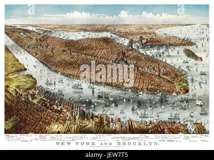 Old aerial view of New York. By Parsons & Atwater, publ. Currier & Yves, New York, 1875 Stock Photo