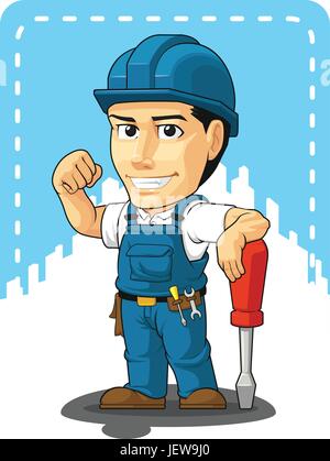 repair, mechanic, engineer, electrician, vector, mascot, handyman, blue, laugh, Stock Vector