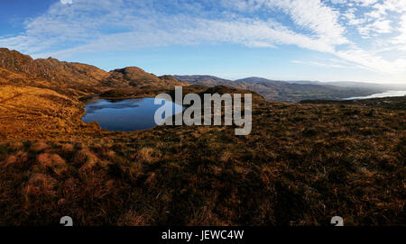 Panorama landscape of the bluestack mountains in County Donegal Ireland with a small lake and blue sky Stock Photo