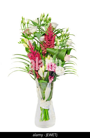 Bouquet of Pink, white Eustoma, Lisianthus flowers and Red Astilbe flowers known as false goats beard and false spirea, green grass, close up, isolate Stock Photo