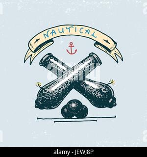 set of engraved vintage, hand drawn, old, labels or badges for a cannon bal. welcome aboard. Marine and nautical or sea, ocean emblems. Stock Vector