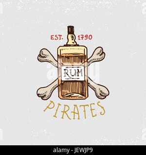 set of engraved, hand drawn, old, labels or badges for corsairs, bottle of rum and bone. Pirates marine and nautical or Caribbean sea, ocean emblems. Stock Vector