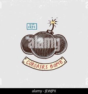 set of engraved, hand drawn, old, labels or badges for corsairs, bomb. Pirates marine and nautical or Caribbean sea, ocean emblems. Stock Vector