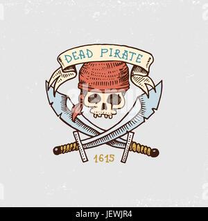 set of engraved, hand drawn, old, labels or badges for corsairs, skull with sabers. Pirates marine and nautical or Caribbean sea, ocean emblems. Stock Vector