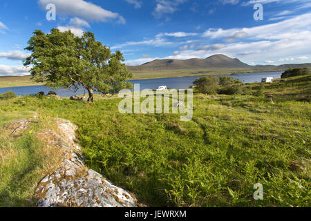 Area of Altnaharra, Scotland. Picturesque view of the Caravan and Motorhome Club site at Grummore near Altnaharra. Stock Photo