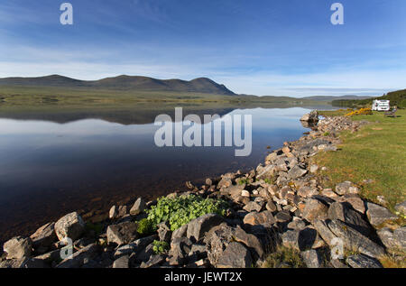 Area of Altnaharra, Scotland. Picturesque view of the Caravan and Motorhome Club site at Grummore near Altnaharra. Stock Photo