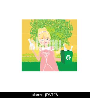 woman, environment, enviroment, household, lady, tree, leaves, illustration, Stock Vector
