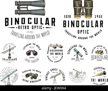 Binocular logo emblem or label astronomical instruments, telescopes oculars and binoculars, quadrant, sextant engraved in vintage hand drawn or wood cut style , old sketch glasses. Stock Vector