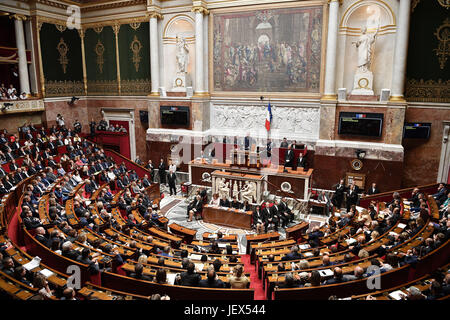 Paris, France. 27th June, 2017. Newly-elected speaker of the French National Assembly Francois de Rugy (C) of 'La Republique en Marche' (Republic on the Move or LREM) political party delivers a speech during the opening session at the National Assembly in Paris, France, June 27, 2017. Credit: Jack Chan/Xinhua/Alamy Live News Stock Photo