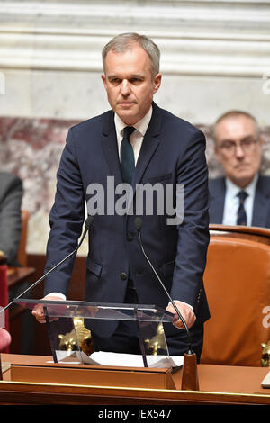Paris, France. 27th June, 2017. Newly-elected speaker of the French National Assembly Francois de Rugy of 'La Republique en Marche' (Republic on the Move or LREM) political party delivers a speech during the opening session at the National Assembly in Paris, France, June 27, 2017. Credit: Jack Chan/Xinhua/Alamy Live News Stock Photo