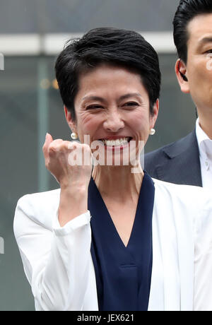 Tokyo, Japan. 28th June, 2017. Renho, leader of Japan's main opposition Democratic Party smiles as she delivers a campaign speech for her party candidate Hiroki Hamada for the upcoming Tokyo Metropolitan Assembly election in Tokyo on Wednesday, June 28, 2017. Credit: Yoshio Tsunoda/AFLO/Alamy Live News Stock Photo