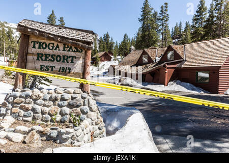 June 26, 2017 - Yosemite, California, U.S - June 26, 2017.Tioga Pass Resort (TPR), located at 9550 feet elevation, along Hwy 120 / Tioga Pass Road on the banks of Glacier Creek, is closed due to damage from heavy snow and flooding. The resort, which offers food and lodging, has operated under a Special Use Permit from the Inyo National Forest since 1914...The Tioga Road from Hwy 395 to Yosemite's eastern entrance gate has been open since June 19, 2017...The Tioga Road into Yosemite National Park (Highway 120 through the park) will open for the season to all vehicular traffic beginning at 8:00  Stock Photo