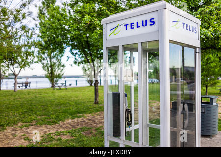 Montreal, Canada - May 27, 2017: Closeup of Telus phone booth of old port area in city in Quebec region Stock Photo