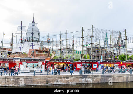 Montreal, Canada - May 27, 2017: Old port Bonsecours market basin area with shops in city in Quebec region during sunset Stock Photo