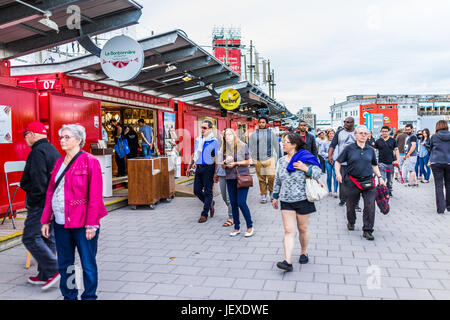 Montreal, Canada - May 27, 2017: Old port Bonsecours market basin area with shops in city in Quebec region during sunset Stock Photo