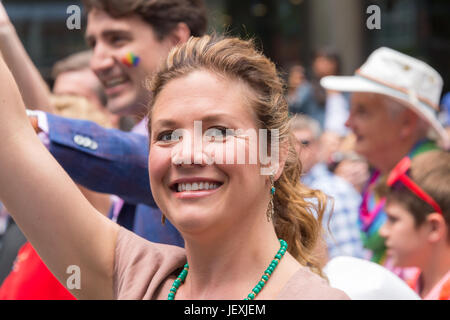 Toronto, Canada. 25 June 2017. Canadian PM Justin Trudeau's wife Sophie Gregoire Trudeau smiles for the camera during Toronto Gay Pride Parade