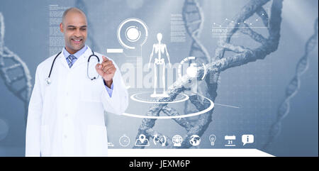 Smiling male doctor touching invisible screen Stock Photo