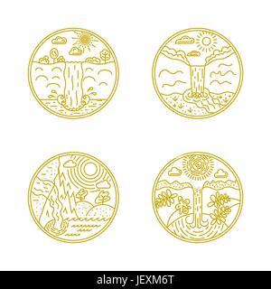 Set of Waterfall linear labels. Logotype templates and badges with mountains, waterfall, cloud, trees, water, sun. National parks and nature explorati Stock Vector
