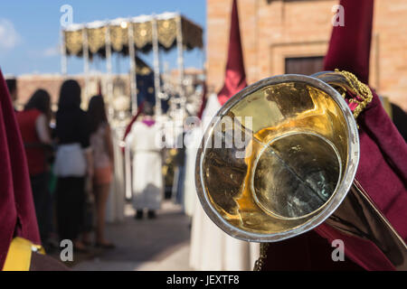 Linares, Jaen province, SPAIN - March 17, 2014: Nuestra Señora de los Dolores going out of the church of Santa Maria, detail of typical elongated trum Stock Photo