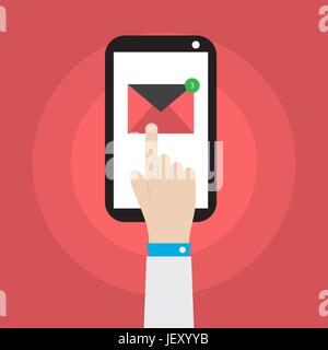 hand holding smartphone with mail icon vector illustration Stock Vector