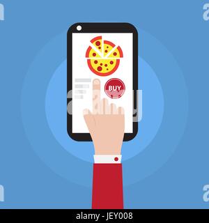 hand holding smartphone with food icon vector illustation Stock Vector