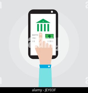 hand holding smartphone with bank icon vector illustration Stock Vector