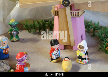 Dutch nativity scene with Holland windmill and the Three Kings who bring gifts Stock Photo