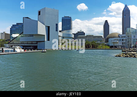 Cleveland, Ohio, a midwestern city in the rustbelt of the United States, is shown with a partial view of the skyline on the shores of Lake Erie. Stock Photo