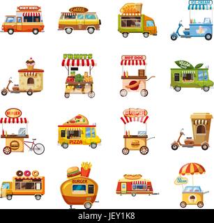 Street food kiosk icons set, cartoon style Stock Vector