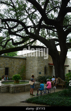 Visitors rest under the shade of a Live Oak in the courtyard terrace behind the Alamo in San Antonio Texas Stock Photo