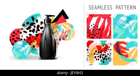 A set of summer seamless unique floral patterns, demonstrated on ceramic vase. Can be used for embroidery, print or silkscreen on fabric. Stock Vector
