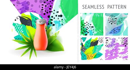 A set of summer seamless unique floral patterns, demonstrated on ceramic vase. Can be used for embroidery, print or silkscreen on fabric. Stock Vector