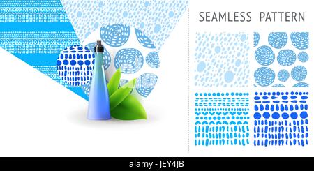 A set of summer seamless unique floral patterns, demonstrated on ceramic vase. Can be used for embroidery, print or silkscreen on fabric. Stock Vector