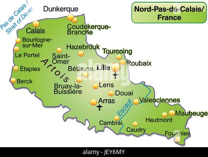 island map of nord-pas-de-calais as an overview map in green Stock Vector