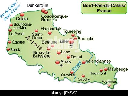 island map of nord-pas-de-calais as an overview map in pastel green Stock Vector