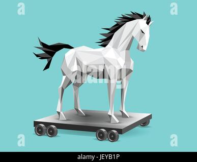 Trojan horse flatbed with wheels white low polygon vector Stock Vector
